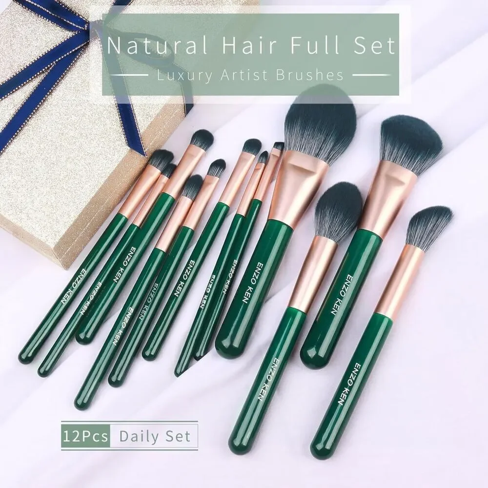 Luxury Enzo Ken 9pcs Professional Green Cosmetic Makeup Brushes Set With Case